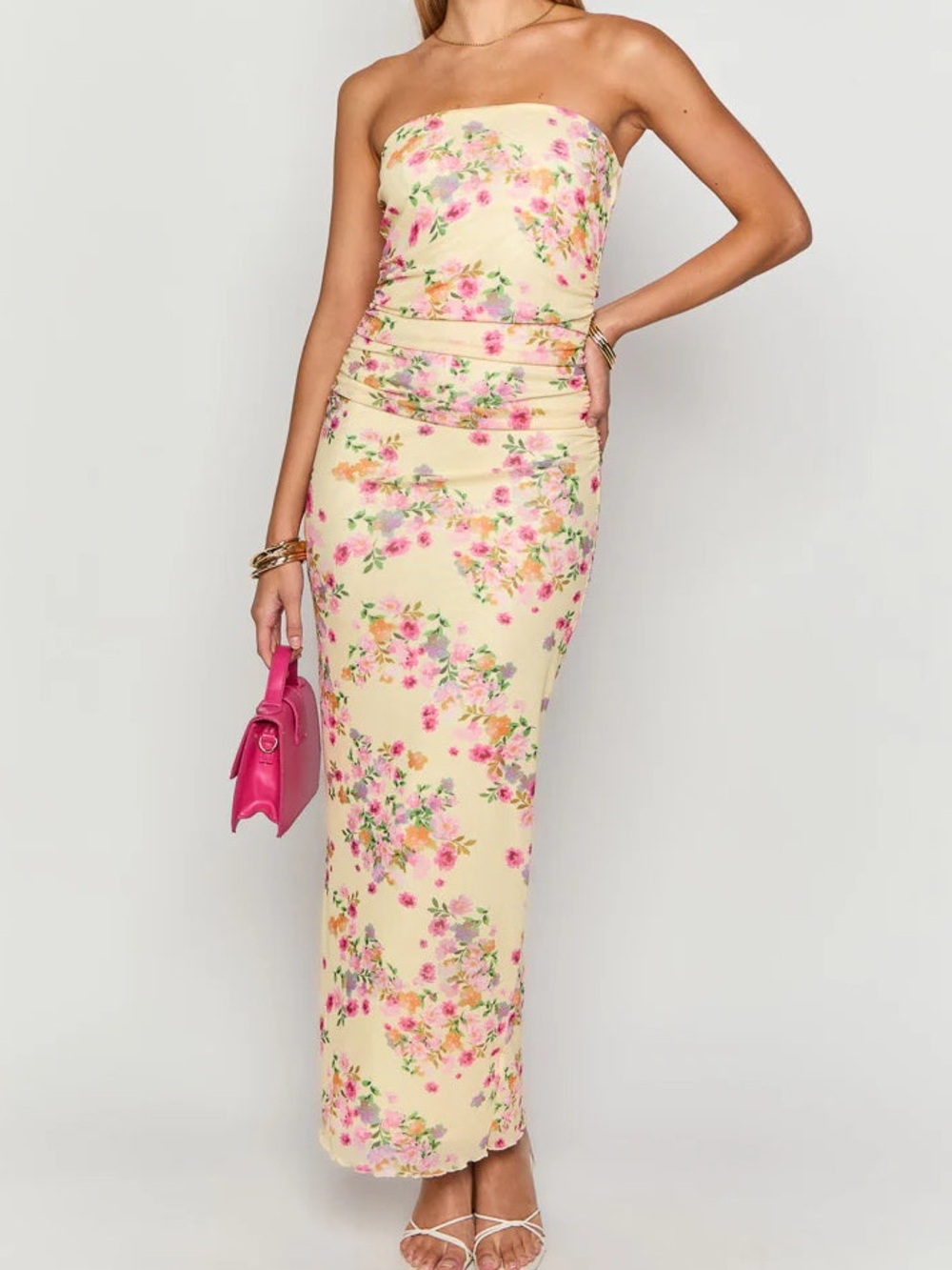 Beginning Boutique Strapless Floral Column Dress in Yellow and Pink
